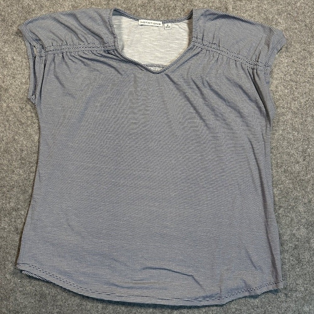 Notations Womens Navy White Striped Cap Sleeve V-Neck Blouse Top Size M
